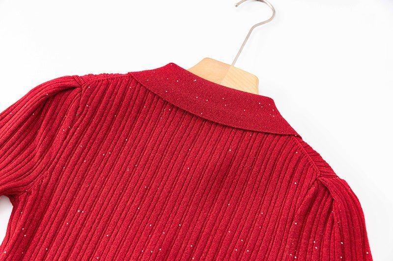 Rita Dress - Bodycon Fit - Polo Collar - Knee - Length Silhouette - Ribbed Knit With Sparkling Details