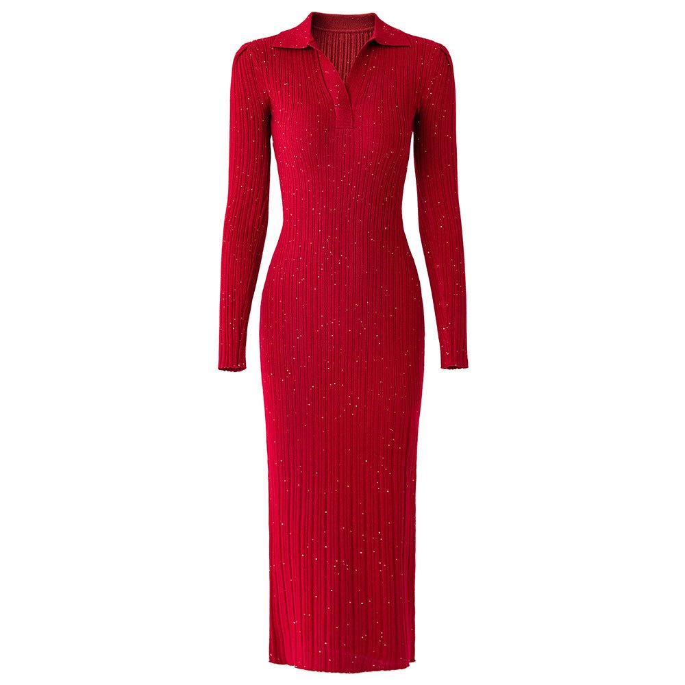 Rita Dress - Bodycon Fit - Polo Collar - Knee - Length Silhouette - Ribbed Knit With Sparkling Details