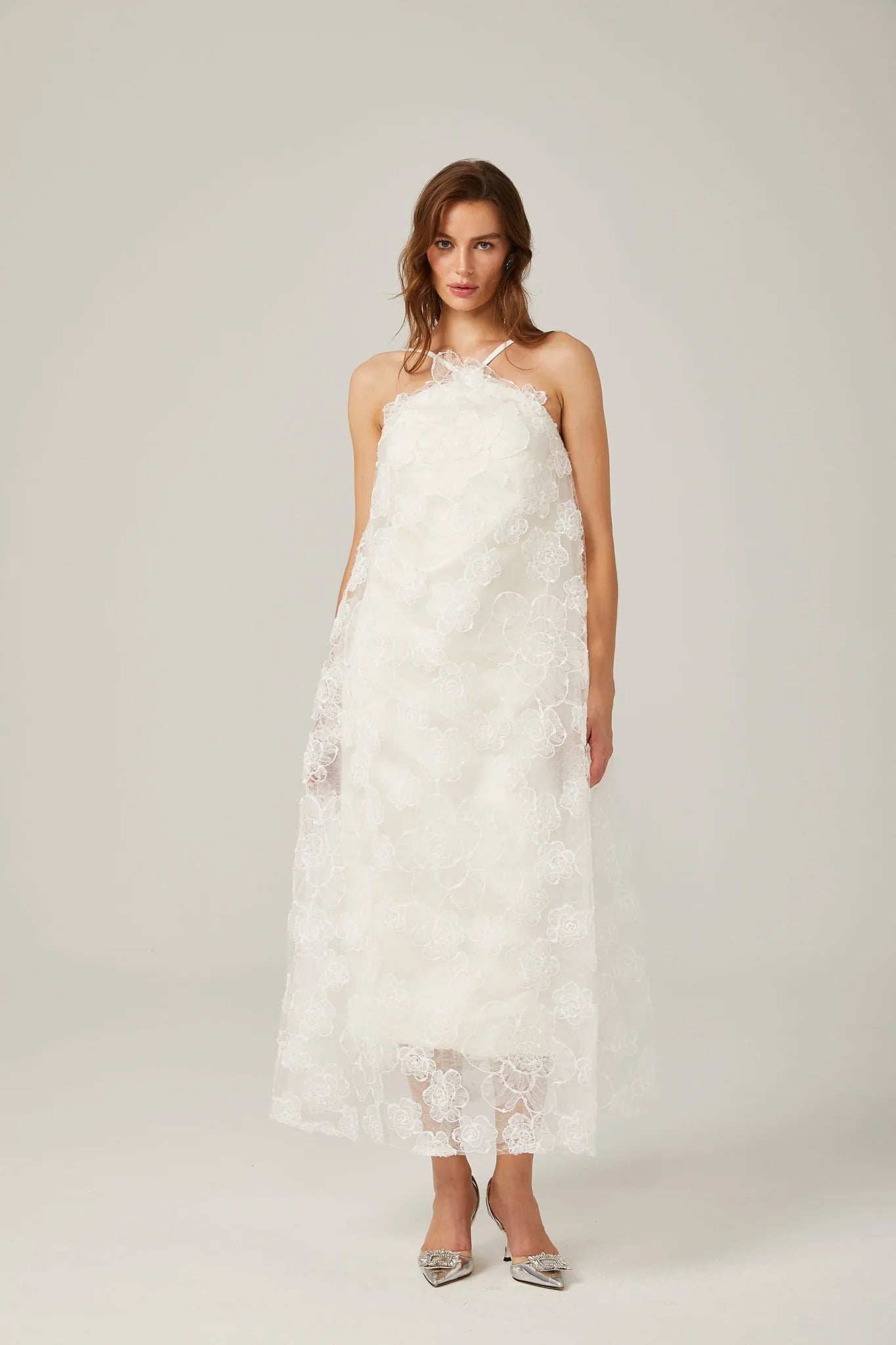 Rita Floral Maxi Dress in White with Spaghetti Straps and Scoop Back Design
