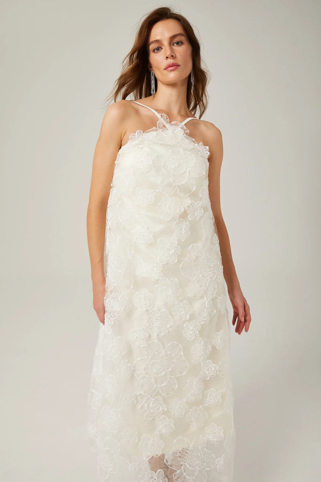 Rita Floral Maxi Dress in White with Spaghetti Straps and Scoop Back Design