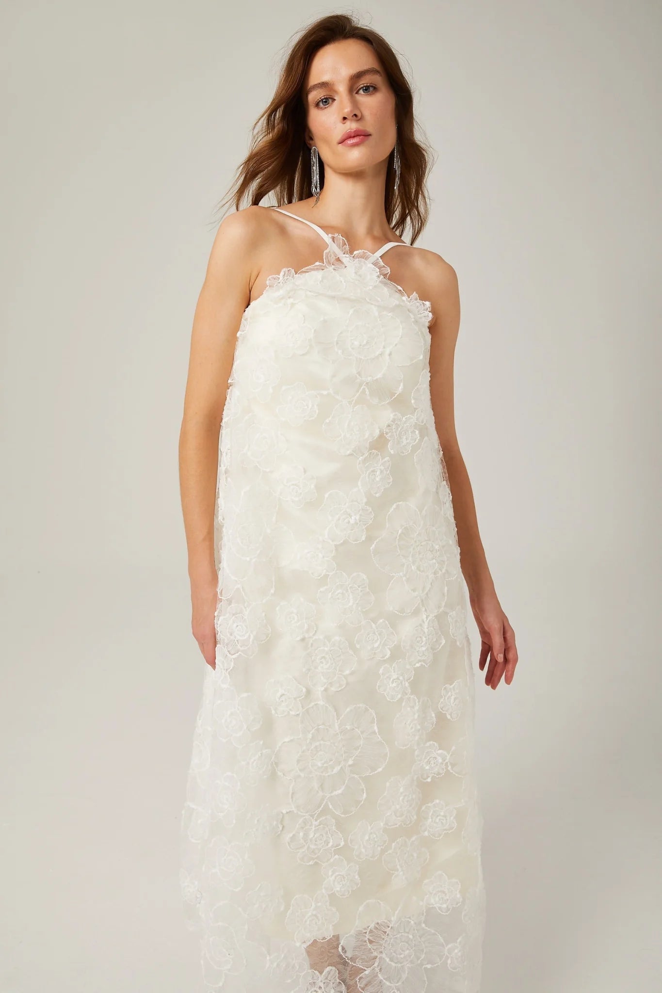 Rita Floral Maxi Dress in White with Spaghetti Straps and Scoop Back Design