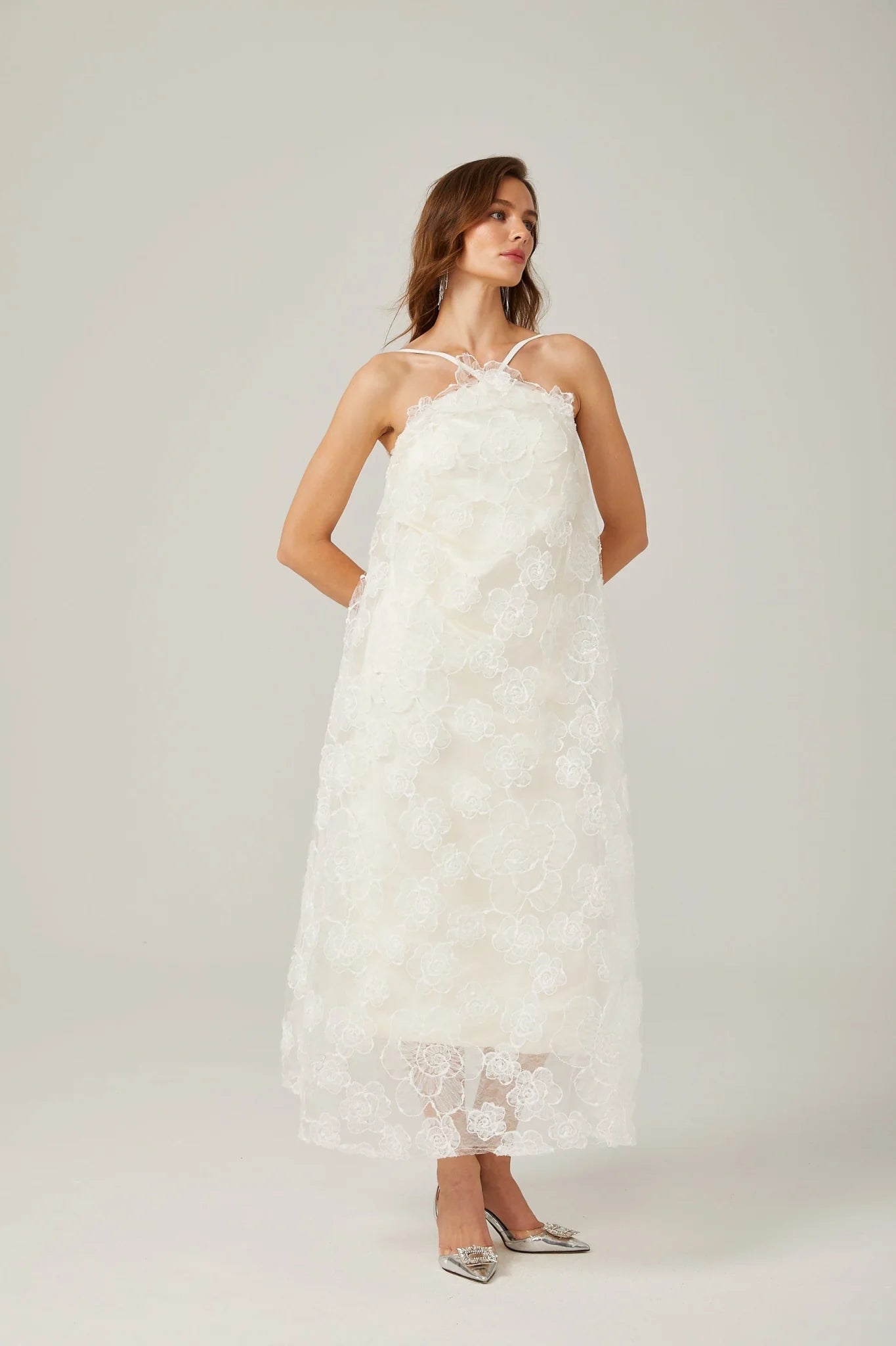 Rita Floral Maxi Dress in White with Spaghetti Straps and Scoop Back Design