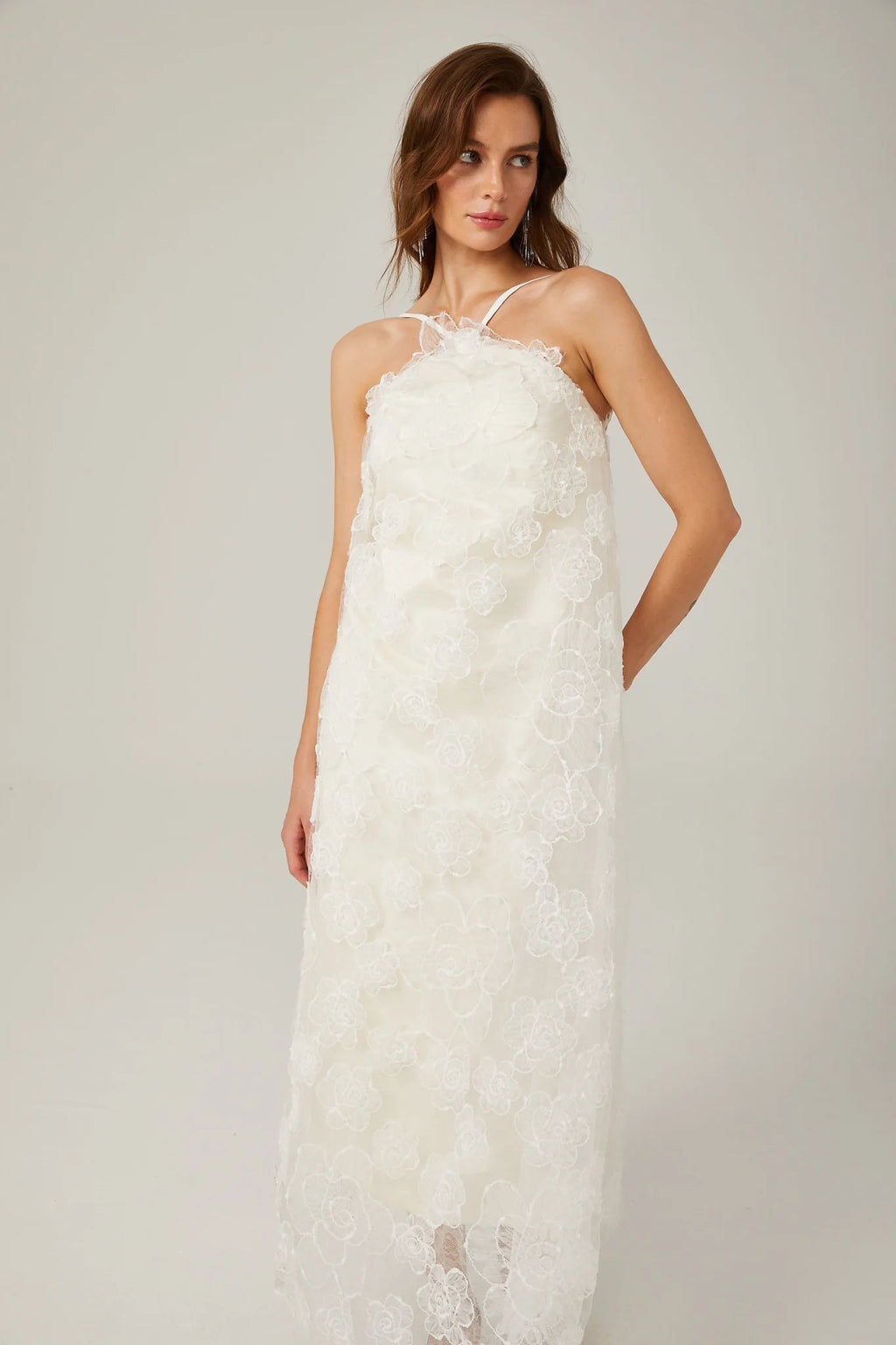 Rita Floral Maxi Dress in White with Spaghetti Straps and Scoop Back Design