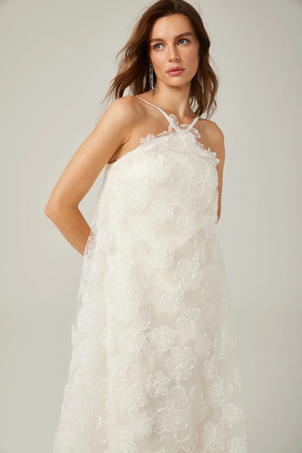 Rita Floral Maxi Dress in White with Spaghetti Straps and Scoop Back Design