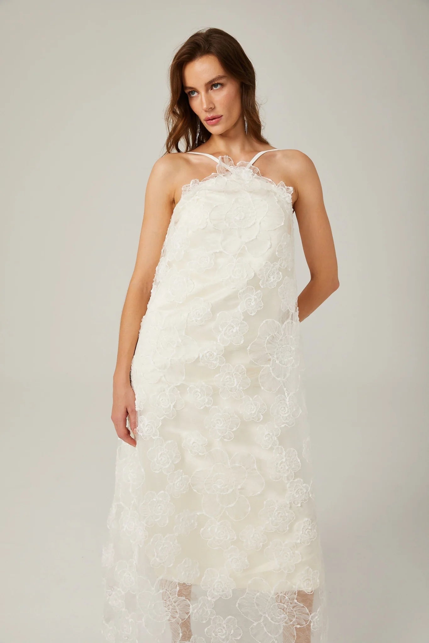 Rita Floral Maxi Dress in White with Spaghetti Straps and Scoop Back Design