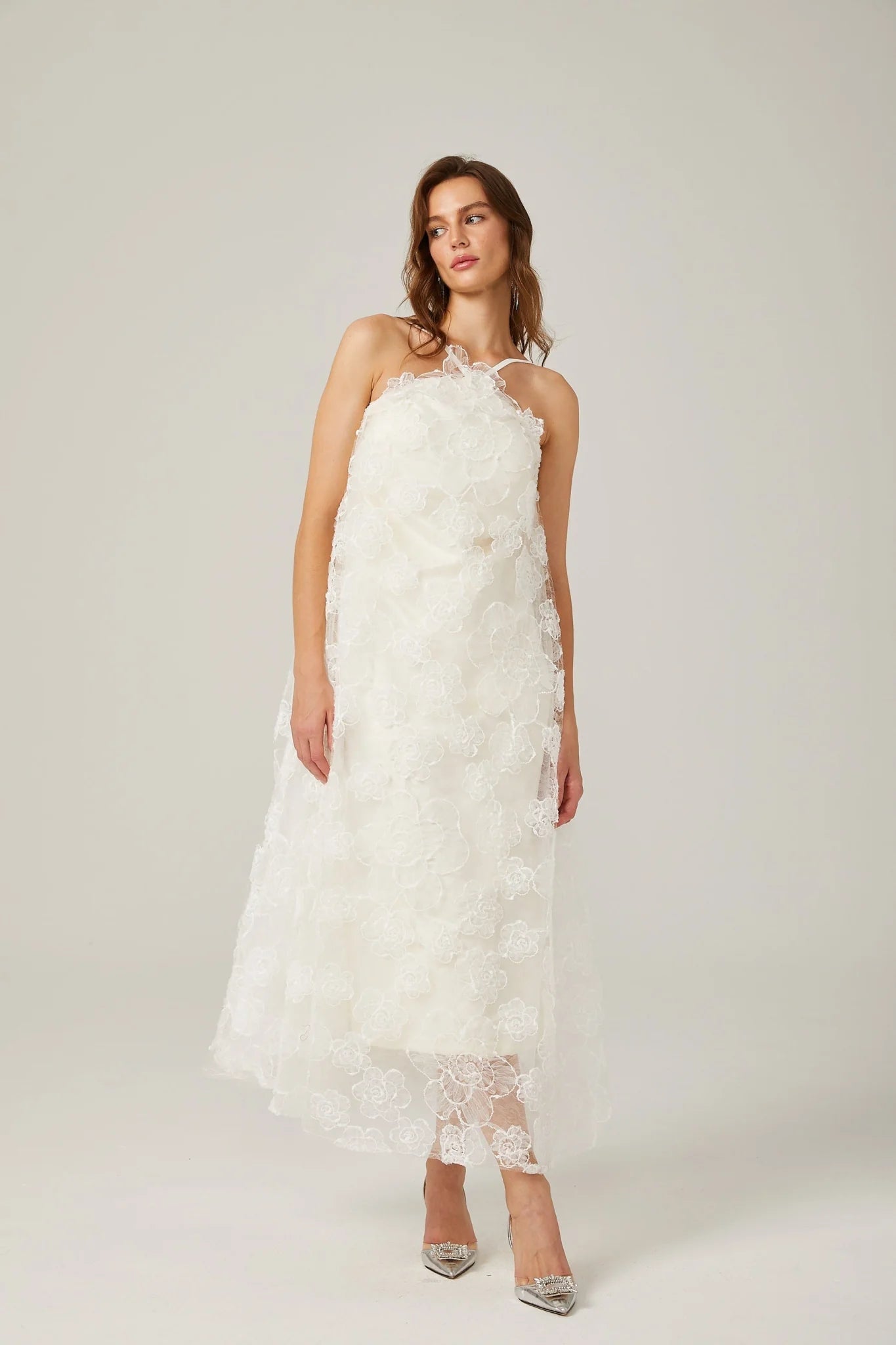 Rita Floral Maxi Dress in White with Spaghetti Straps and Scoop Back Design