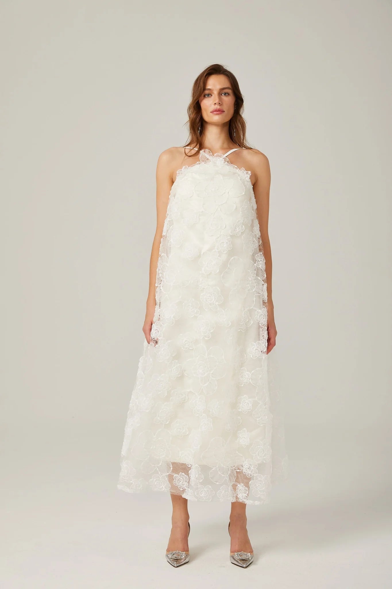 Rita Floral Maxi Dress in White with Spaghetti Straps and Scoop Back Design