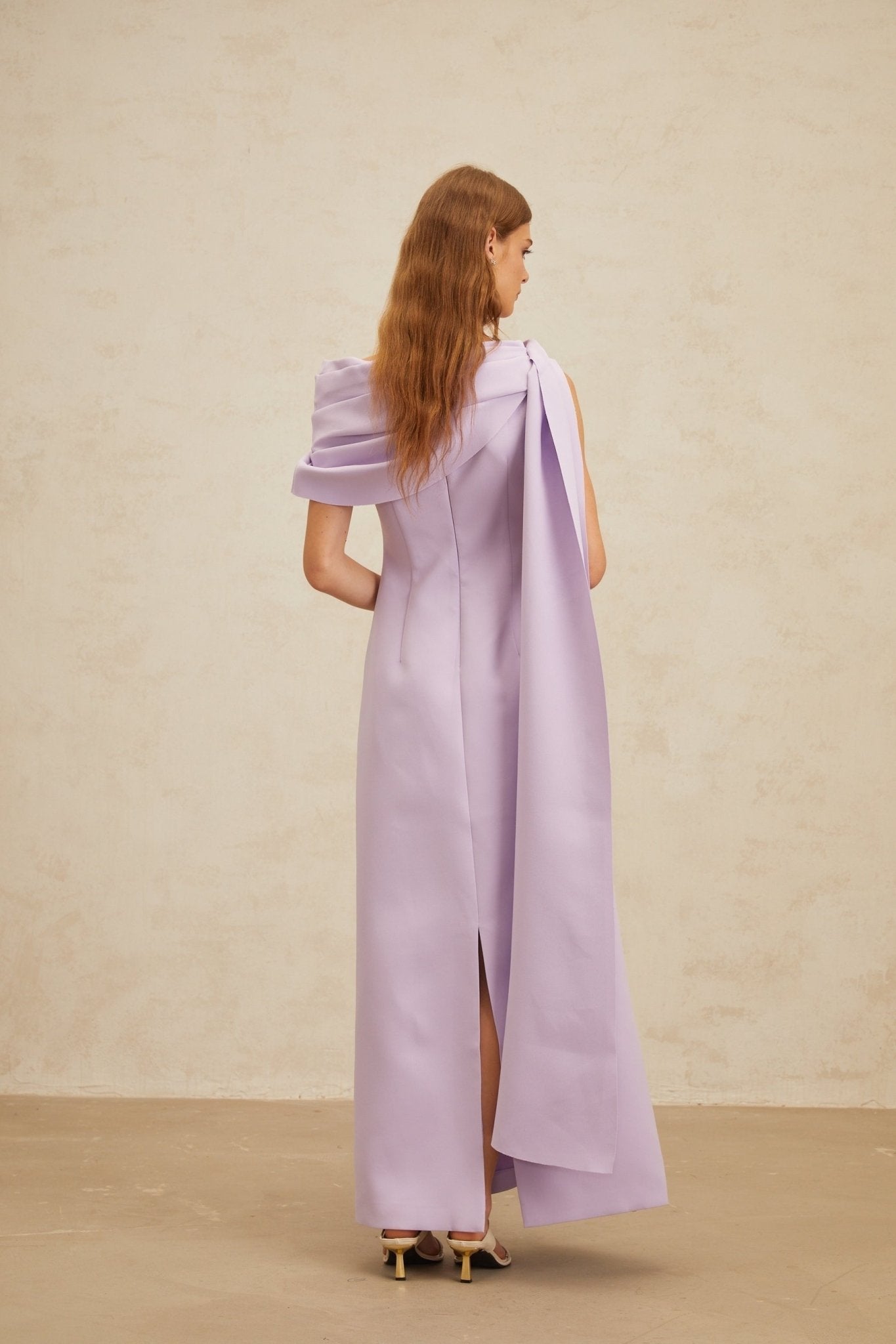 Rita Maxi Dress - One - Shoulder - Cape - Ruched - Slit Zip - Floor - Length