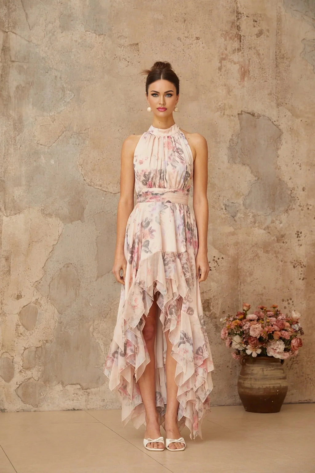 Rita Maxi Dress Pink Floral Asymmetrical & Open Back