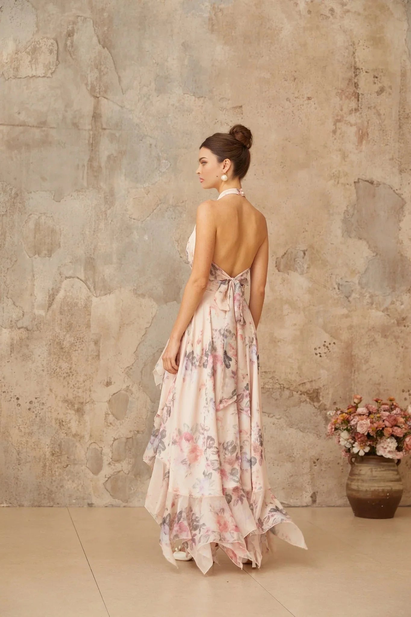 Rita Maxi Dress Pink Floral Asymmetrical & Open Back