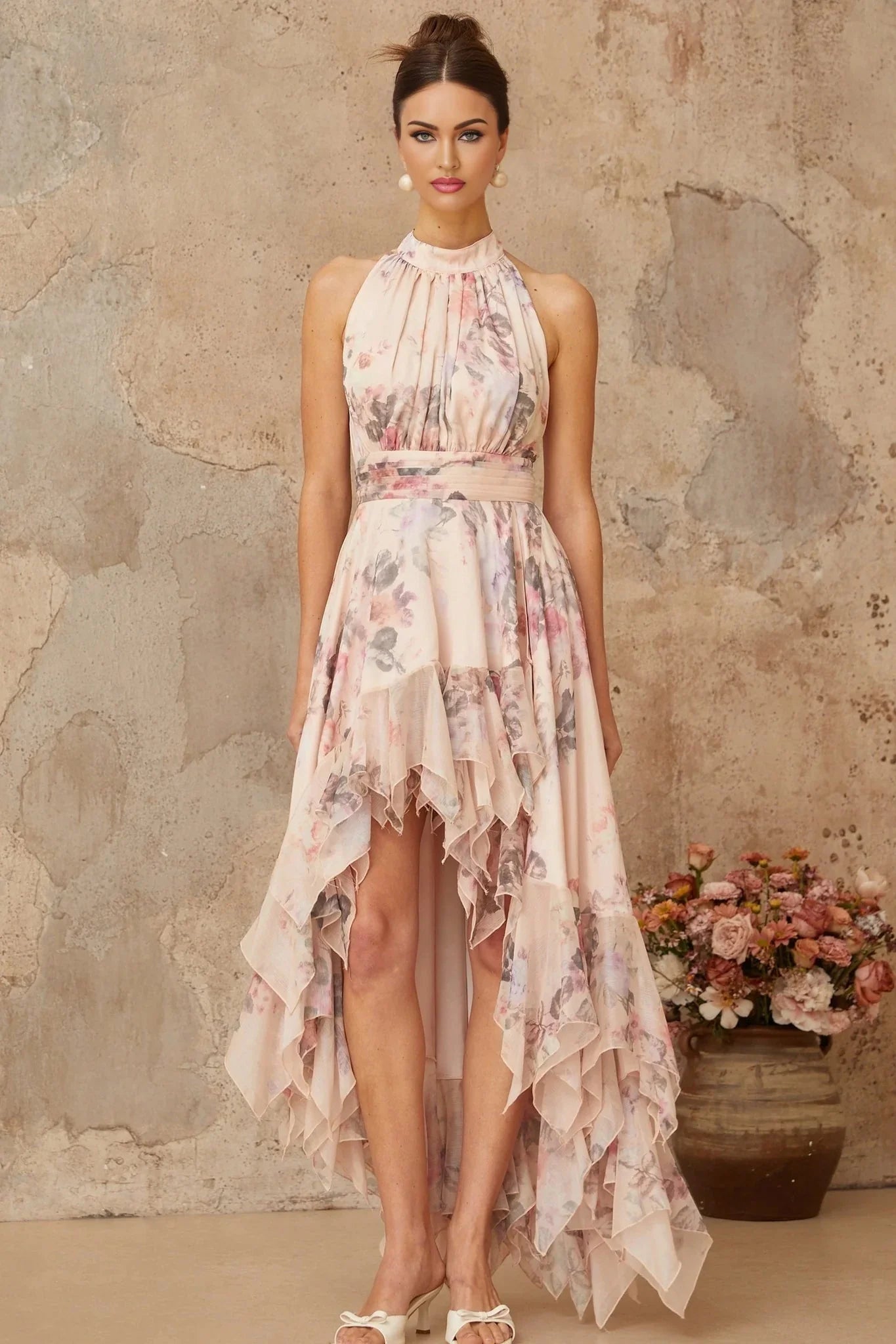 Rita Maxi Dress Pink Floral Asymmetrical & Open Back