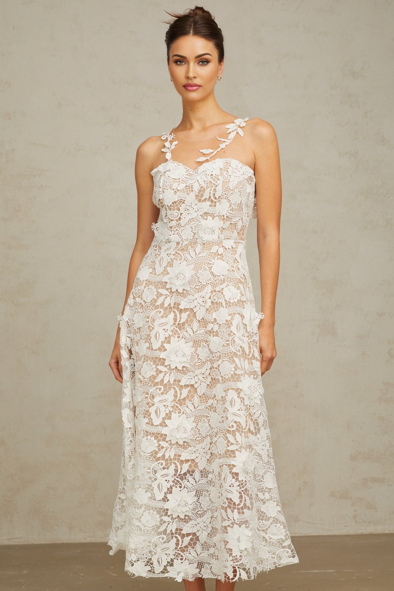 Rita Midi Dress White Lace Tulle Sleeveless & Rear Zip
