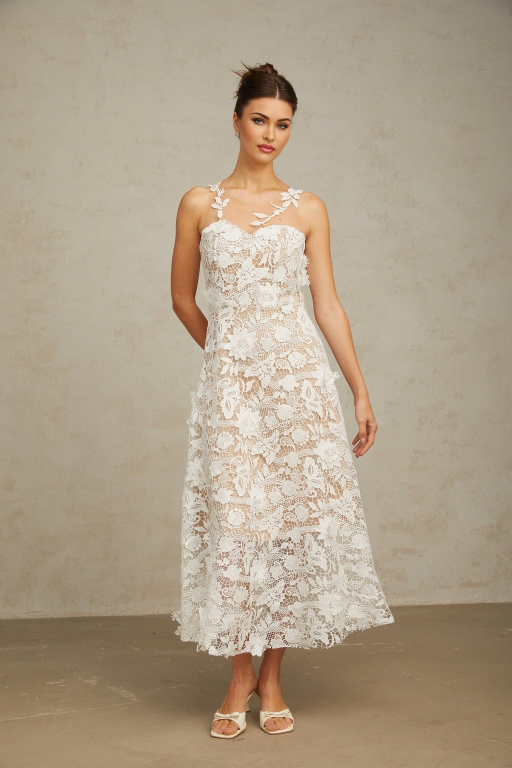 Rita Midi Dress White Lace Tulle Sleeveless & Rear Zip