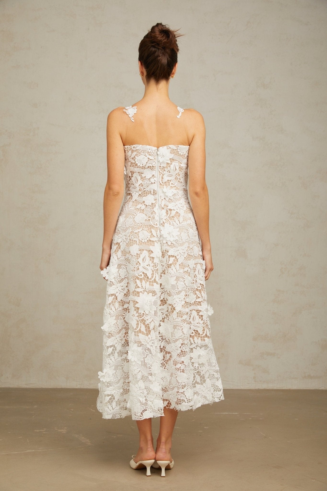 Rita Midi Dress White Lace Tulle Sleeveless & Rear Zip