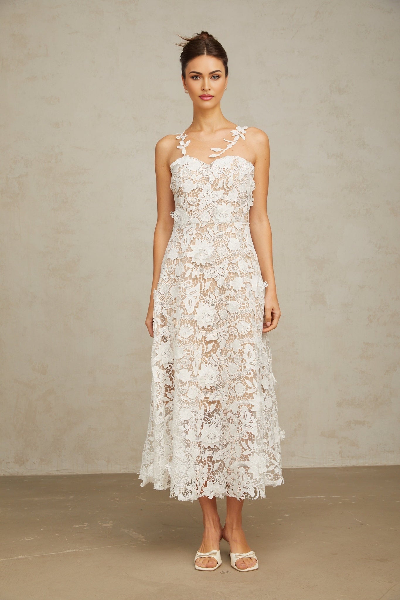 Rita Midi Dress White Lace Tulle Sleeveless & Rear Zip