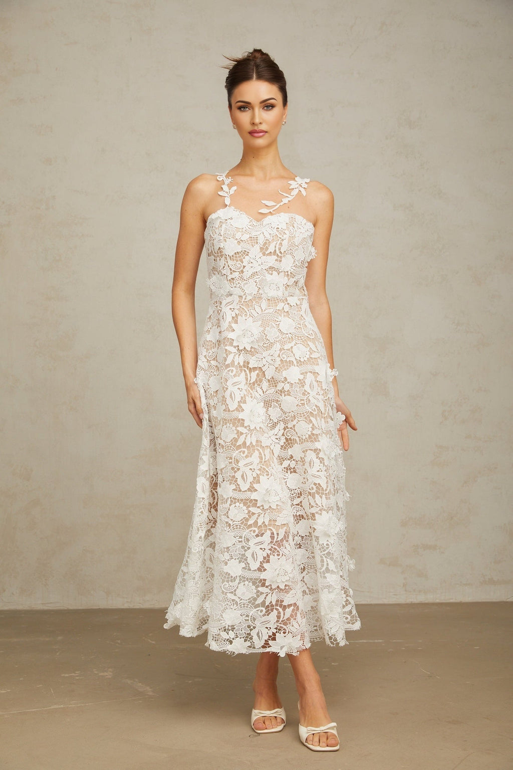 Rita Midi Dress White Lace Tulle Sleeveless & Rear Zip