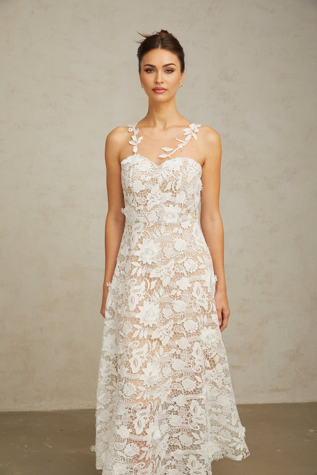 Rita Midi Dress White Lace Tulle Sleeveless & Rear Zip
