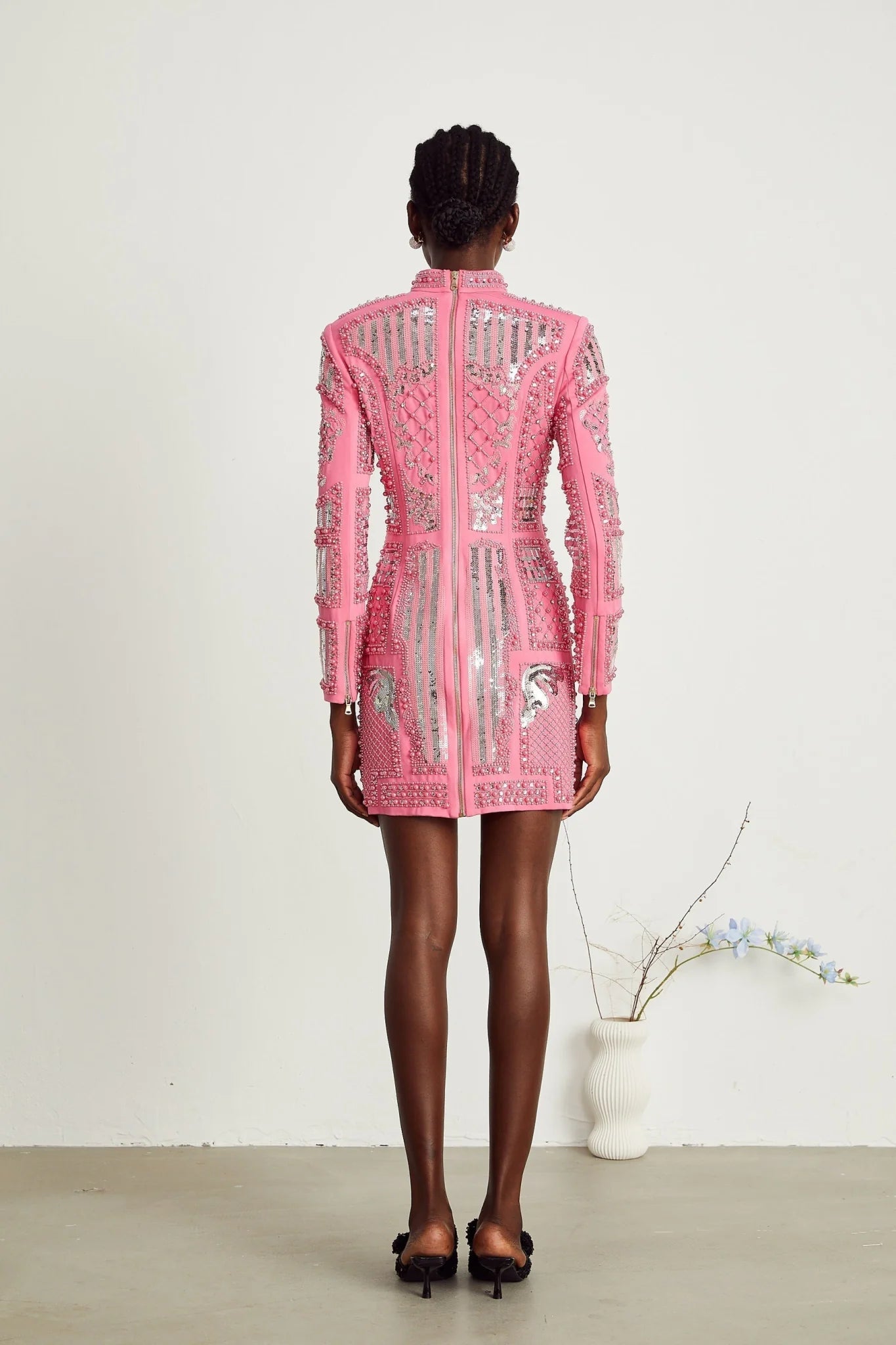 Rita Mini Dress Pink Crystal Beaded Zippered Glam