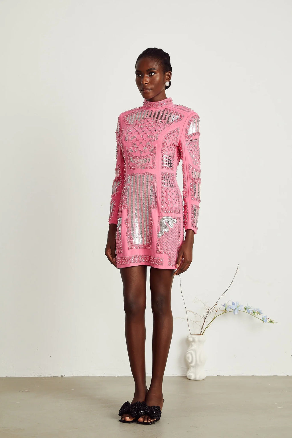 Rita Mini Dress Pink Crystal Beaded Zippered Glam