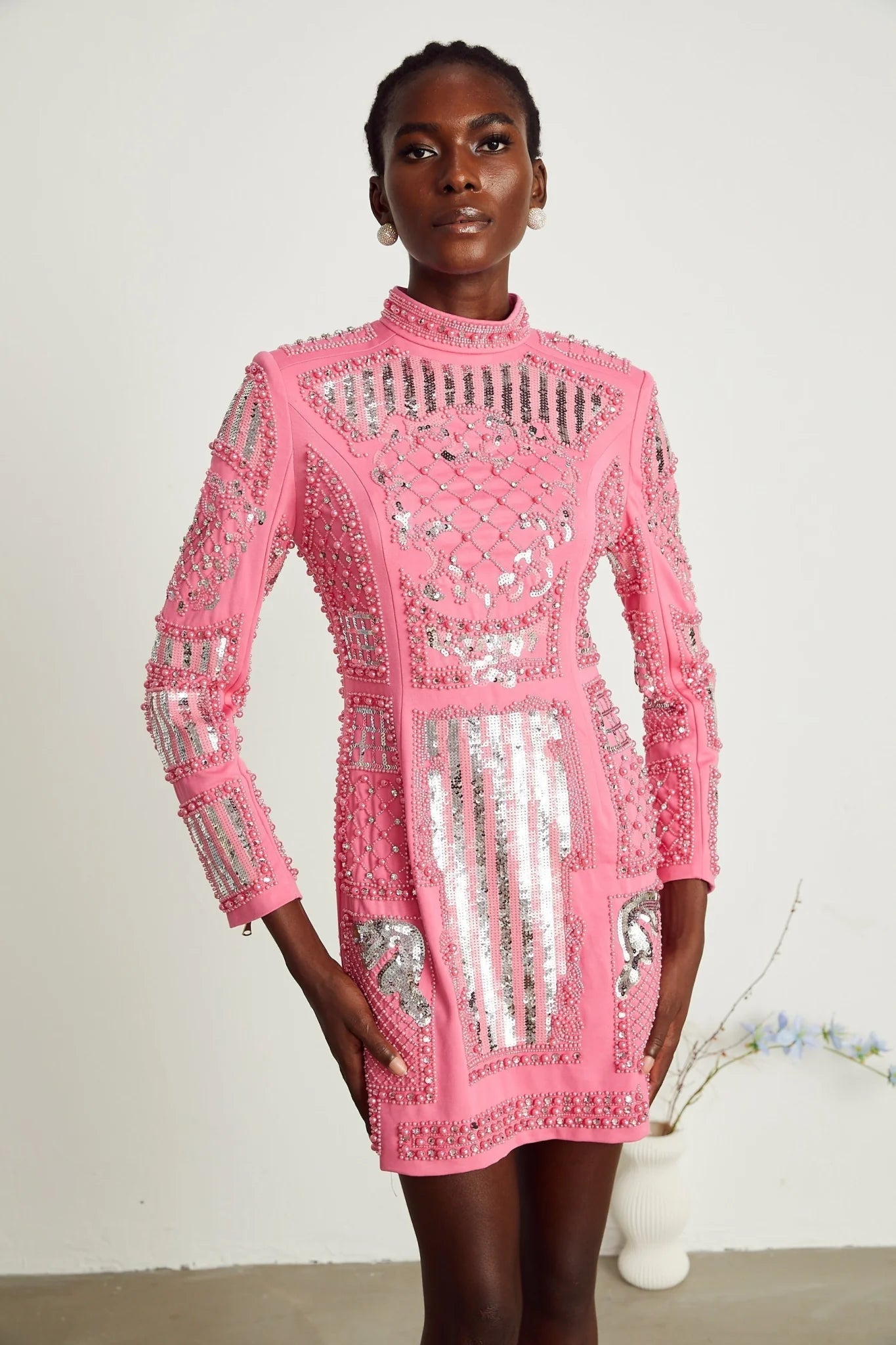 Rita Mini Dress Pink Crystal Beaded Zippered Glam