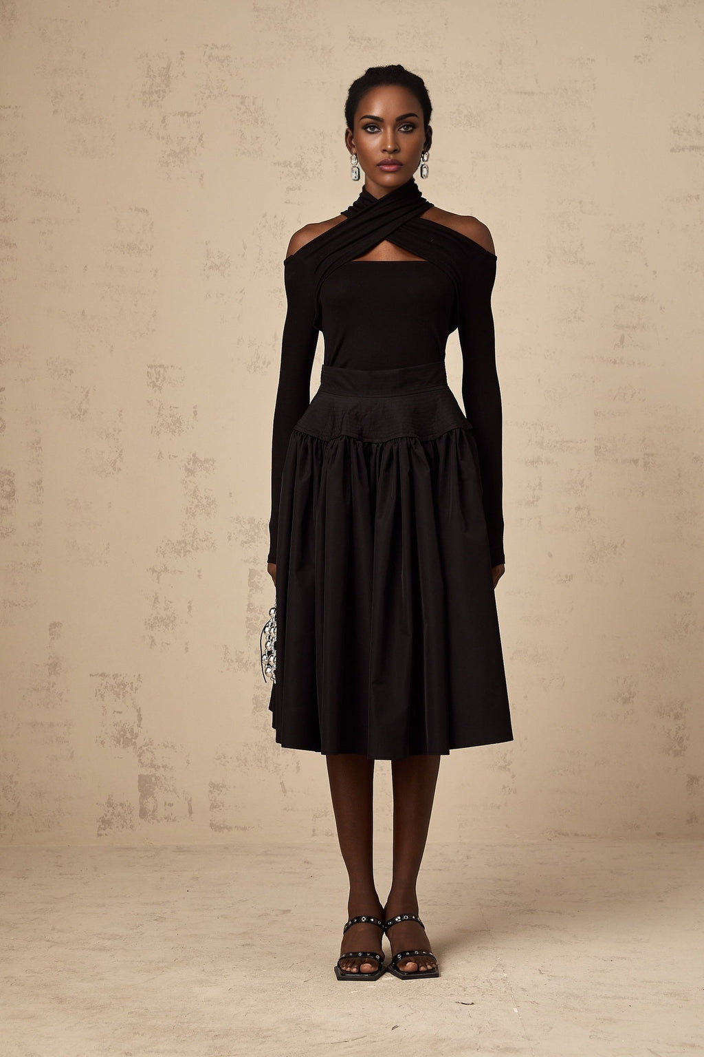 Rita Skirt Black Pleated Flared Midi & High Waist