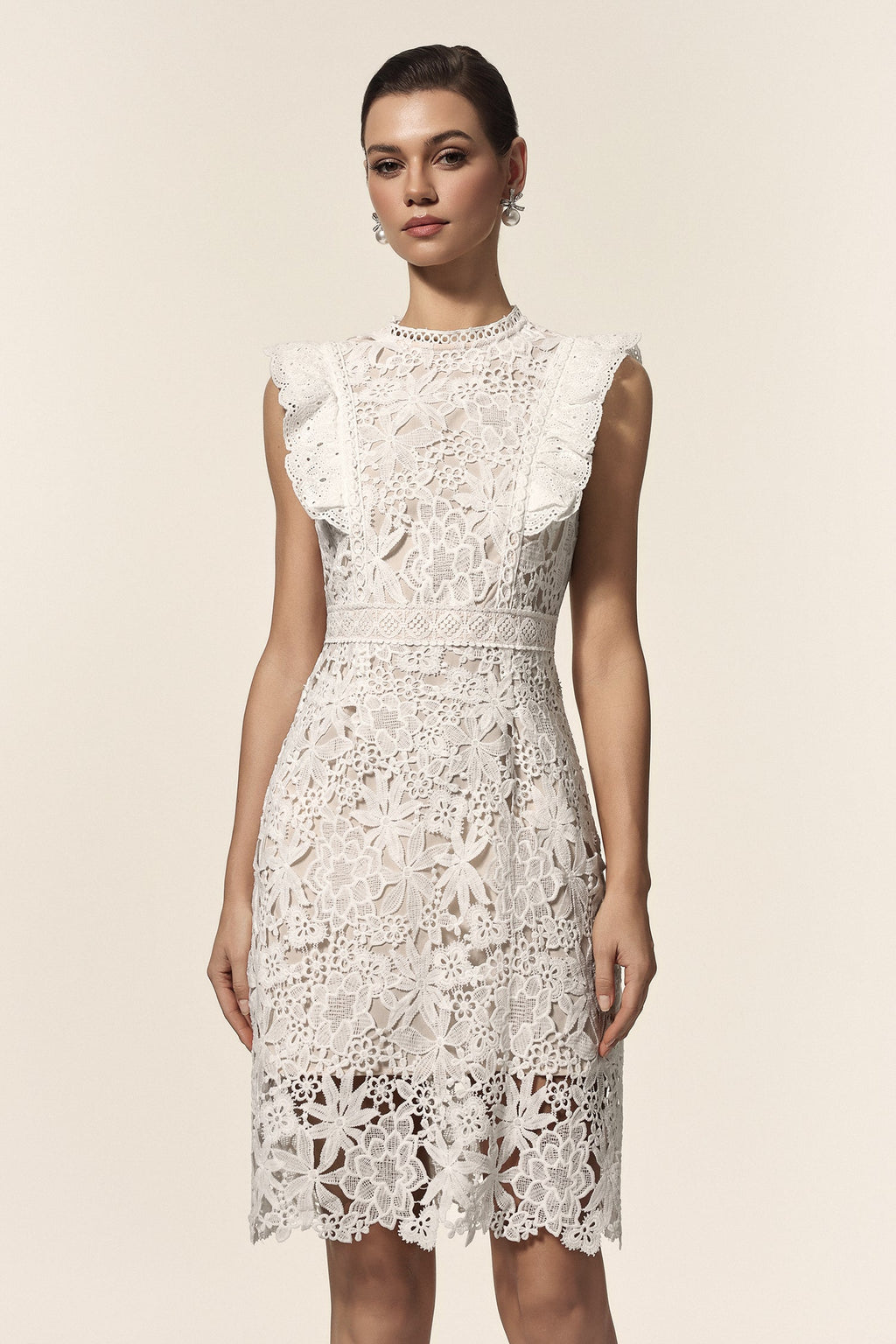 Rita White Lace Floral Mini Dress with Ruffled Accents
