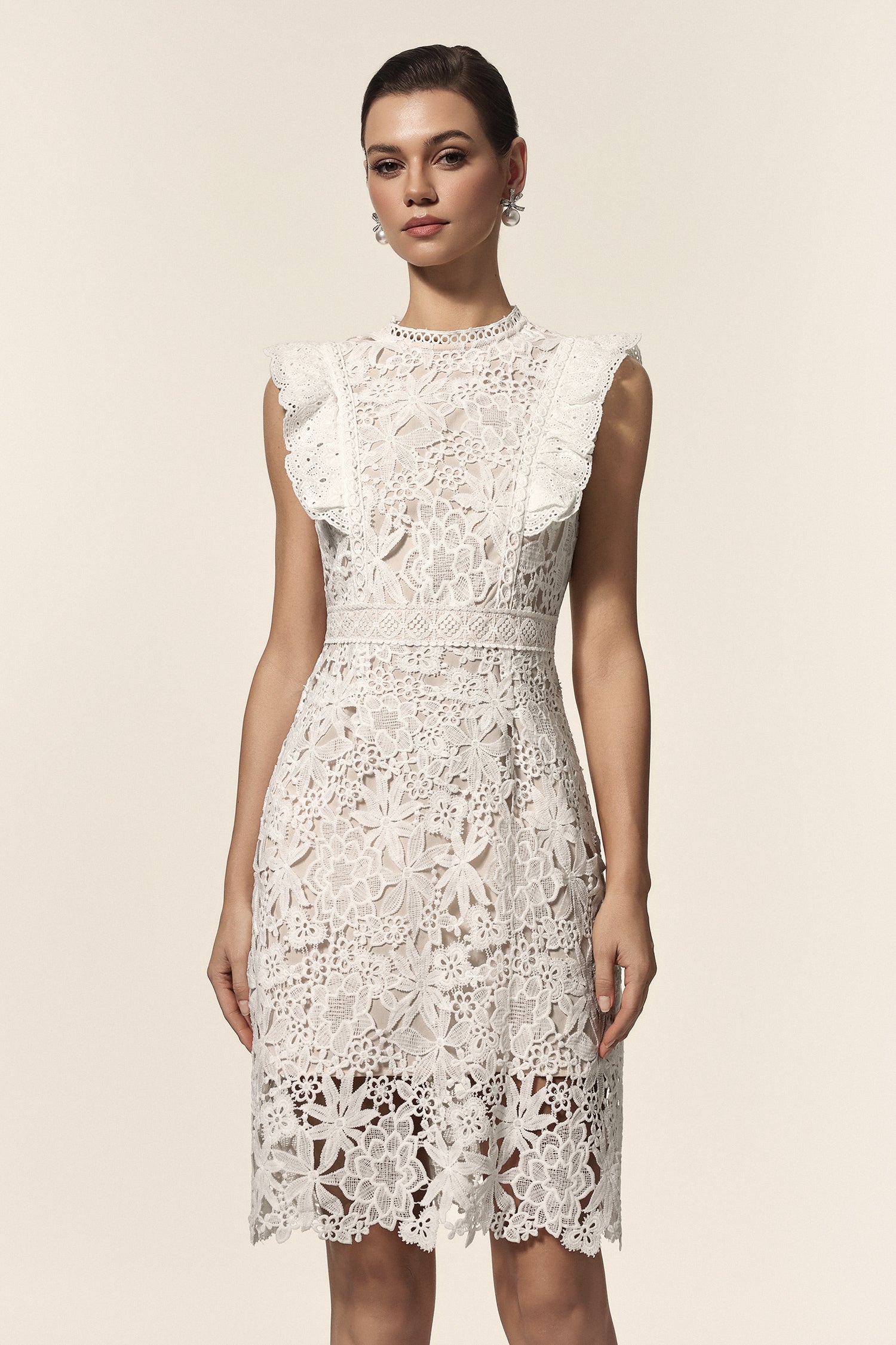 Rita White Lace Floral Mini Dress with Ruffled Accents