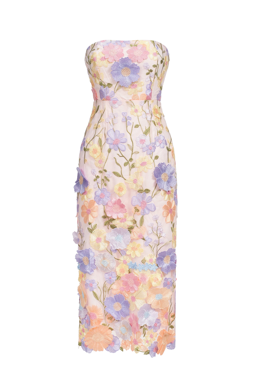 Teagan Midi Dress - Embroidered Strapless Neckline - Floral Detailing - Fitted Silhouette - Versatile Mid-Length - Soft Fabric Comfort