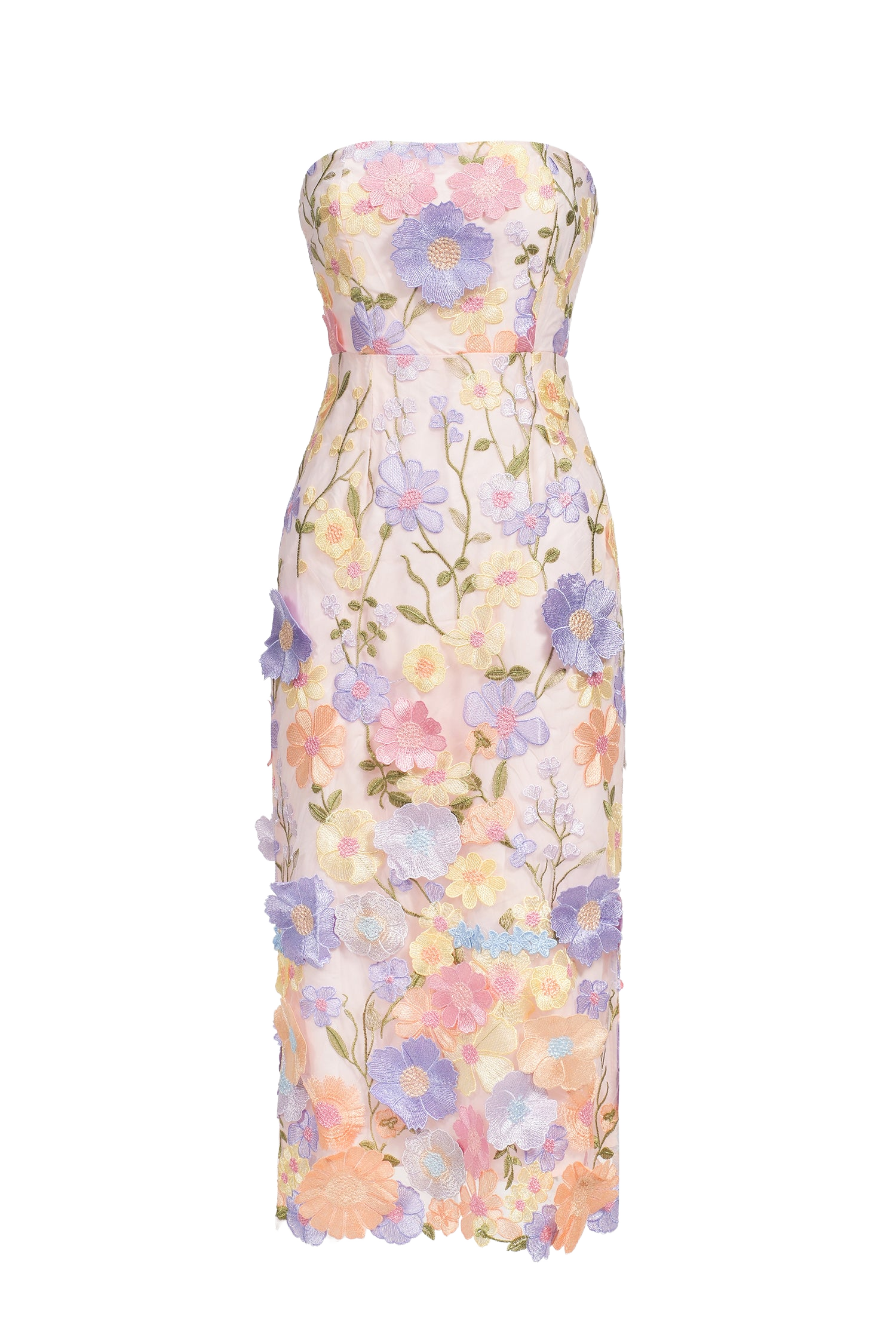 Teagan Midi Dress - Embroidered Strapless Neckline - Floral Detailing - Fitted Silhouette - Versatile Mid-Length - Soft Fabric Comfort