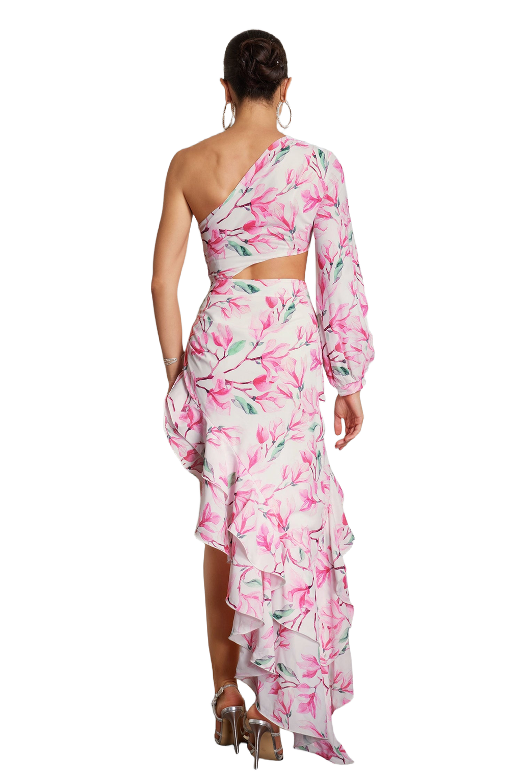 Lillian Midi Dress - Statement Asymmetrical Silhouette - One-Shoulder - Vibrant Floral Print - Dramatic Ruffle Detail