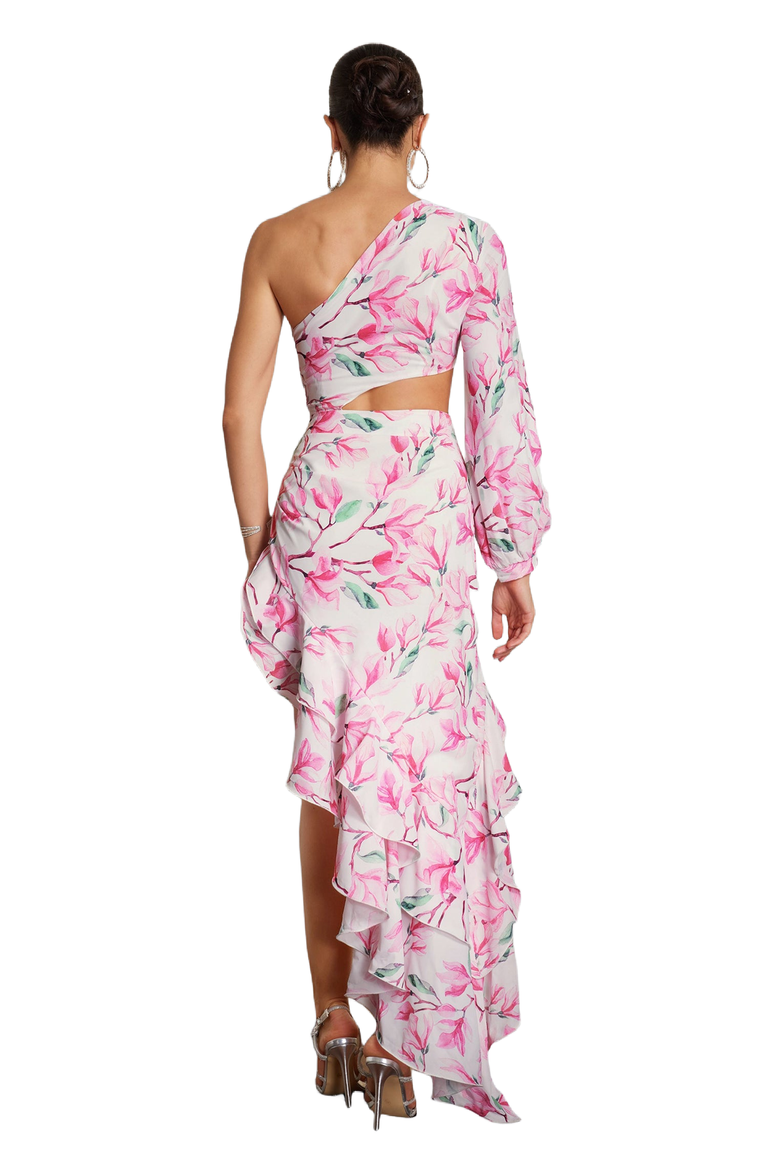 Lillian Midi Dress - Statement Asymmetrical Silhouette - One-Shoulder - Vibrant Floral Print - Dramatic Ruffle Detail