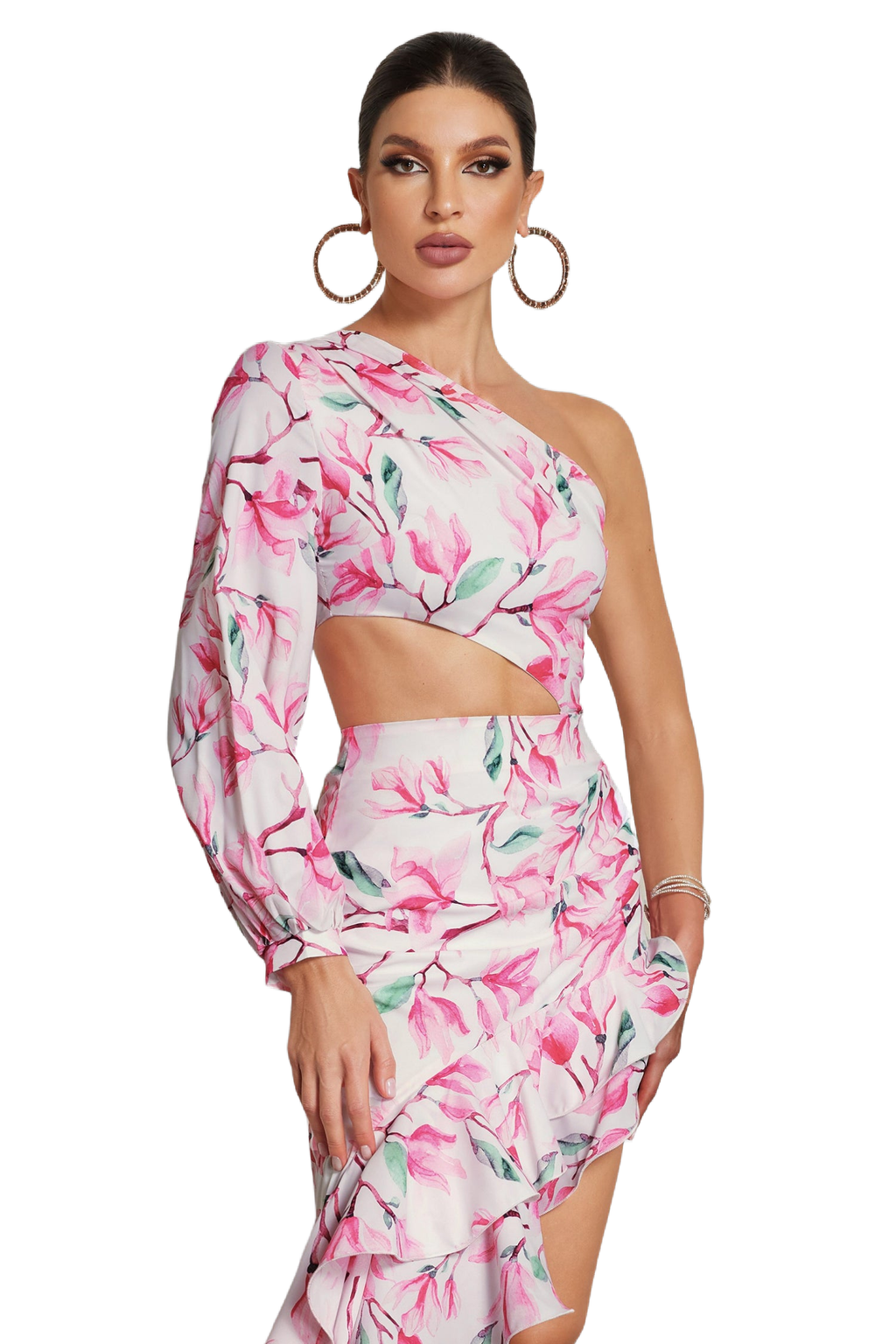 Lillian Midi Dress - Statement Asymmetrical Silhouette - One-Shoulder - Vibrant Floral Print - Dramatic Ruffle Detail