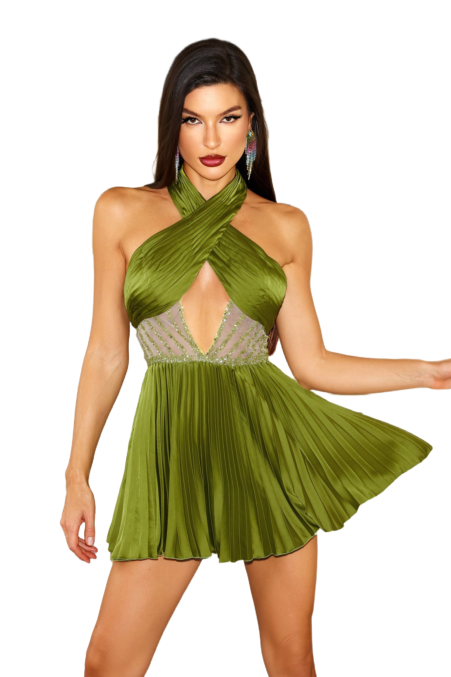 Filomena Mini Dress - Cross Halter Neckline - Sequins Detailing - Cut Out - Pleated Skirt - Lightweight Fabric