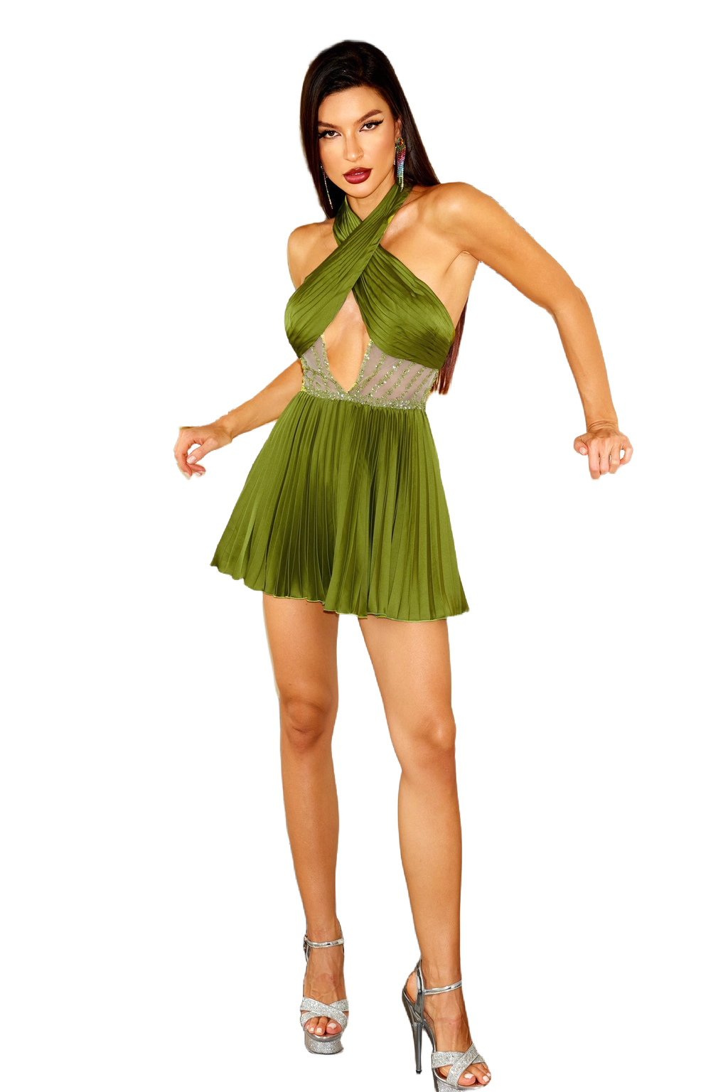 Filomena Mini Dress - Cross Halter Neckline - Sequins Detailing - Cut Out - Pleated Skirt - Lightweight Fabric