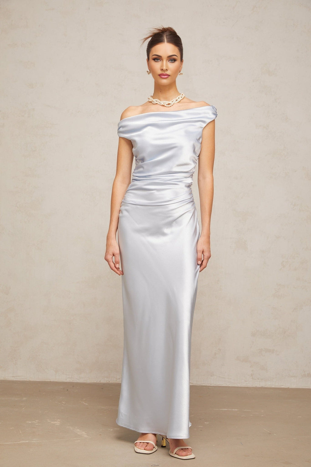Roberta Maxi Dress in Vibrant Blue with Off - Shoulder Neckline & Ruched Detailing