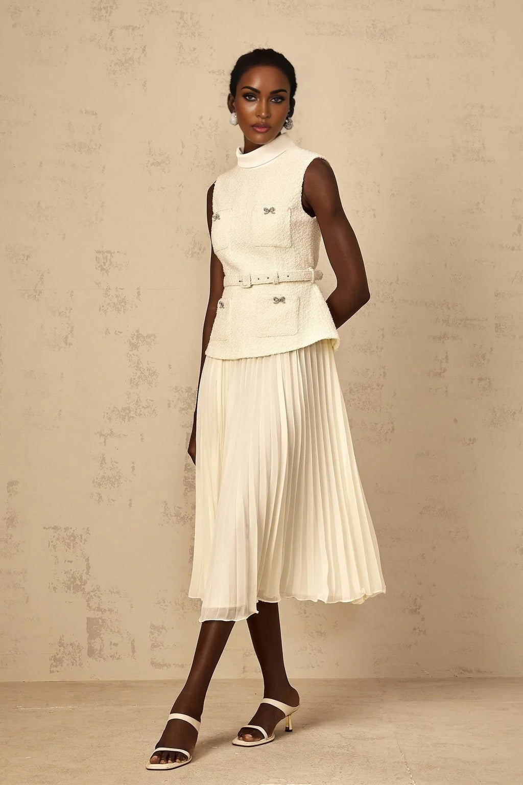 Roberta Midi Dress Off - White Tweed & Tulle Bow Embellished