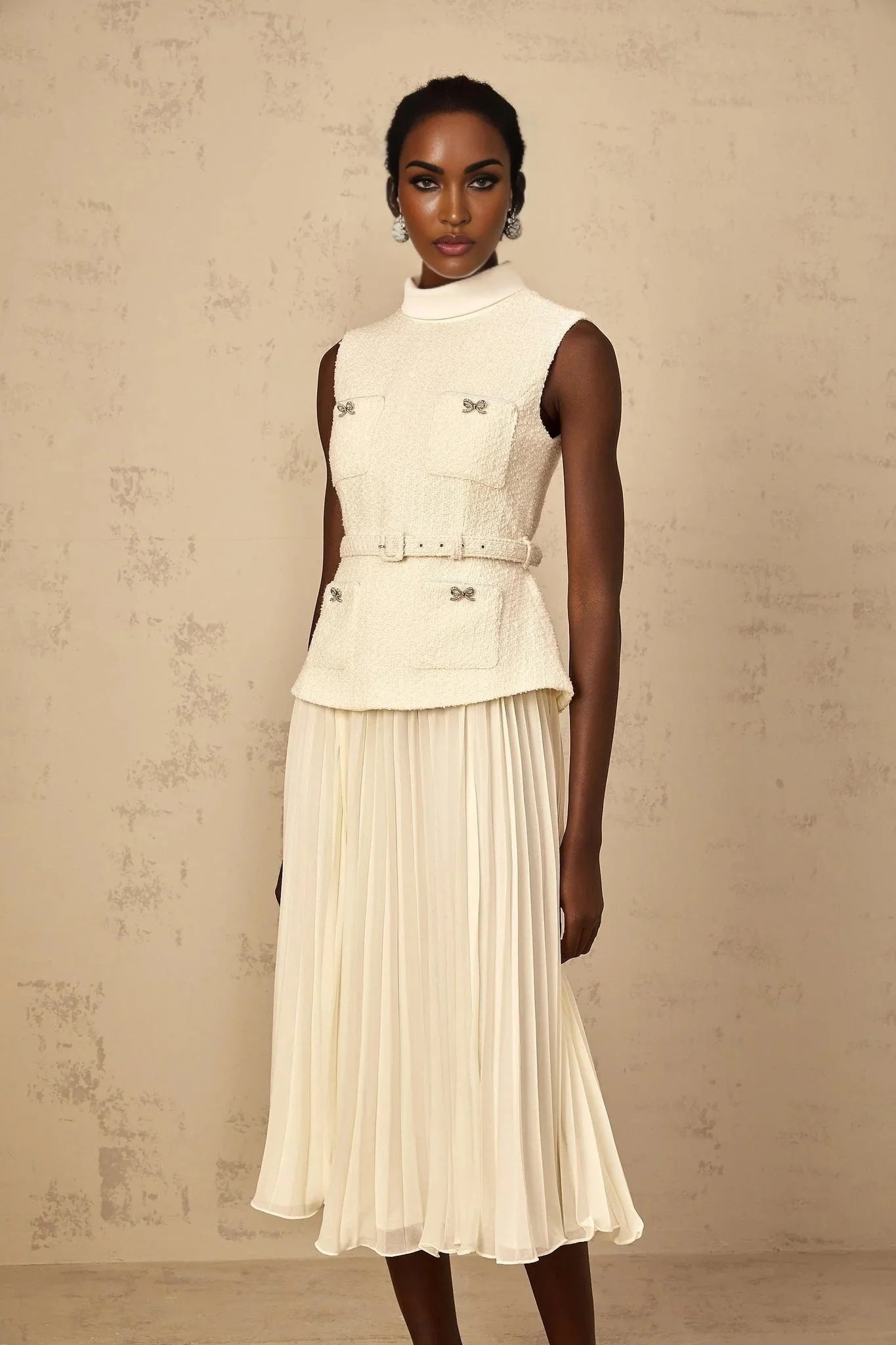 Roberta Midi Dress Off - White Tweed & Tulle Bow Embellished