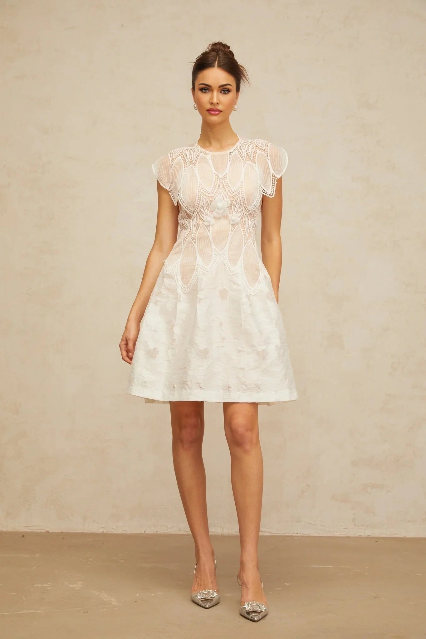 Roberta Mini Dress White 3D - Petal Lace Trimmed