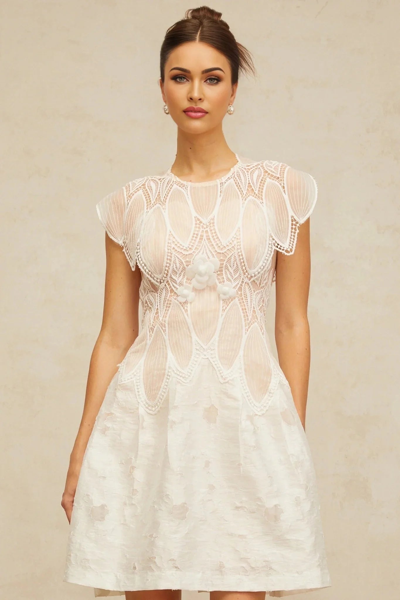 Roberta Mini Dress White 3D - Petal Lace Trimmed