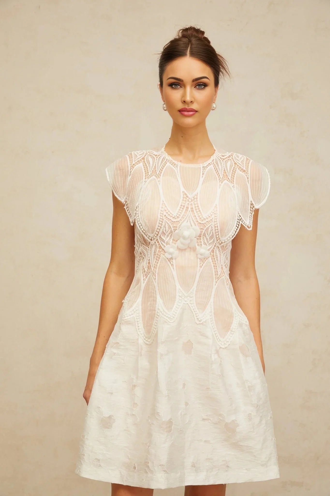 Roberta Mini Dress White 3D - Petal Lace Trimmed