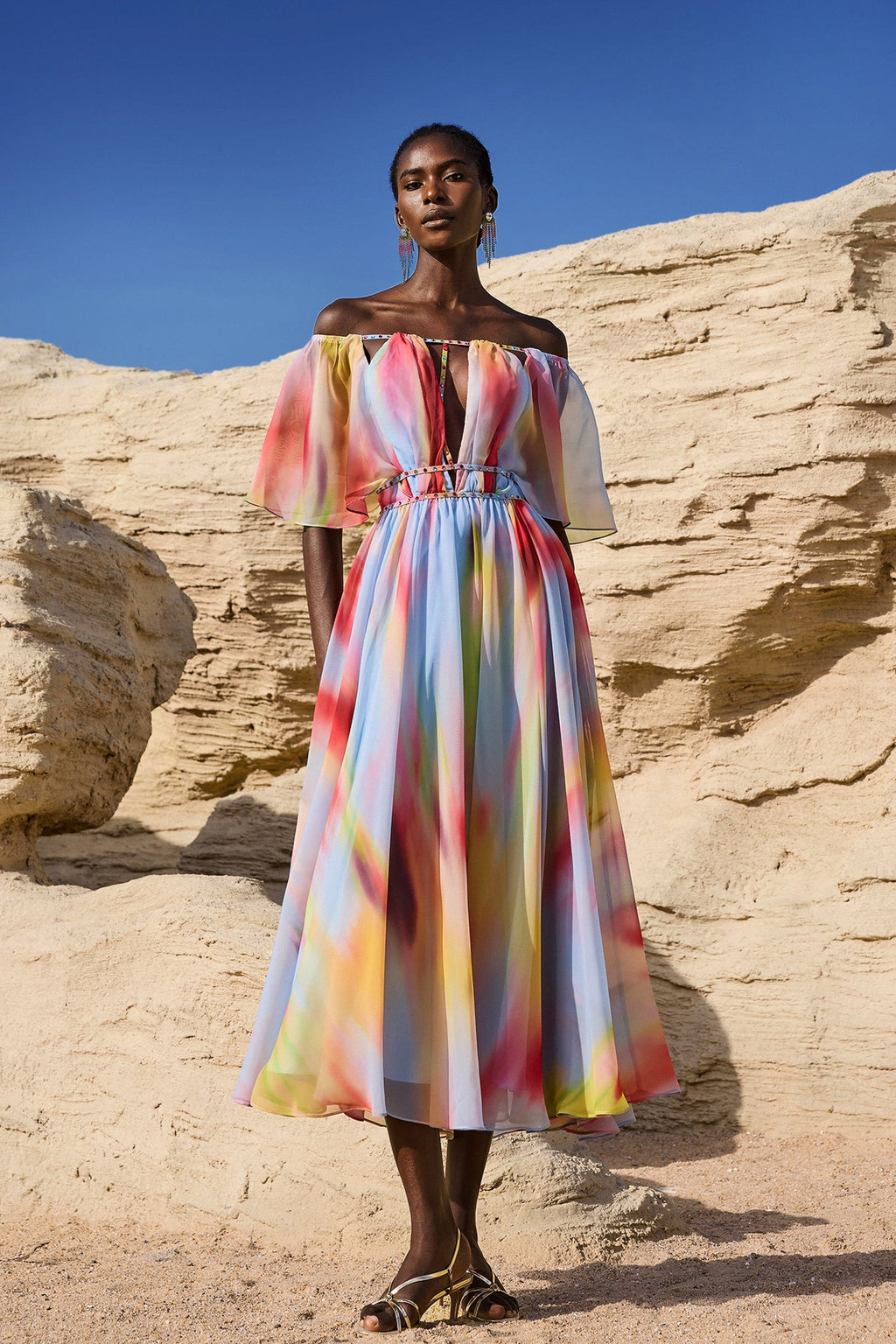 Roberta Multicolor Off-the-Shoulder Hollow Out Dress with Flowing Silhouette and Waist Detailing