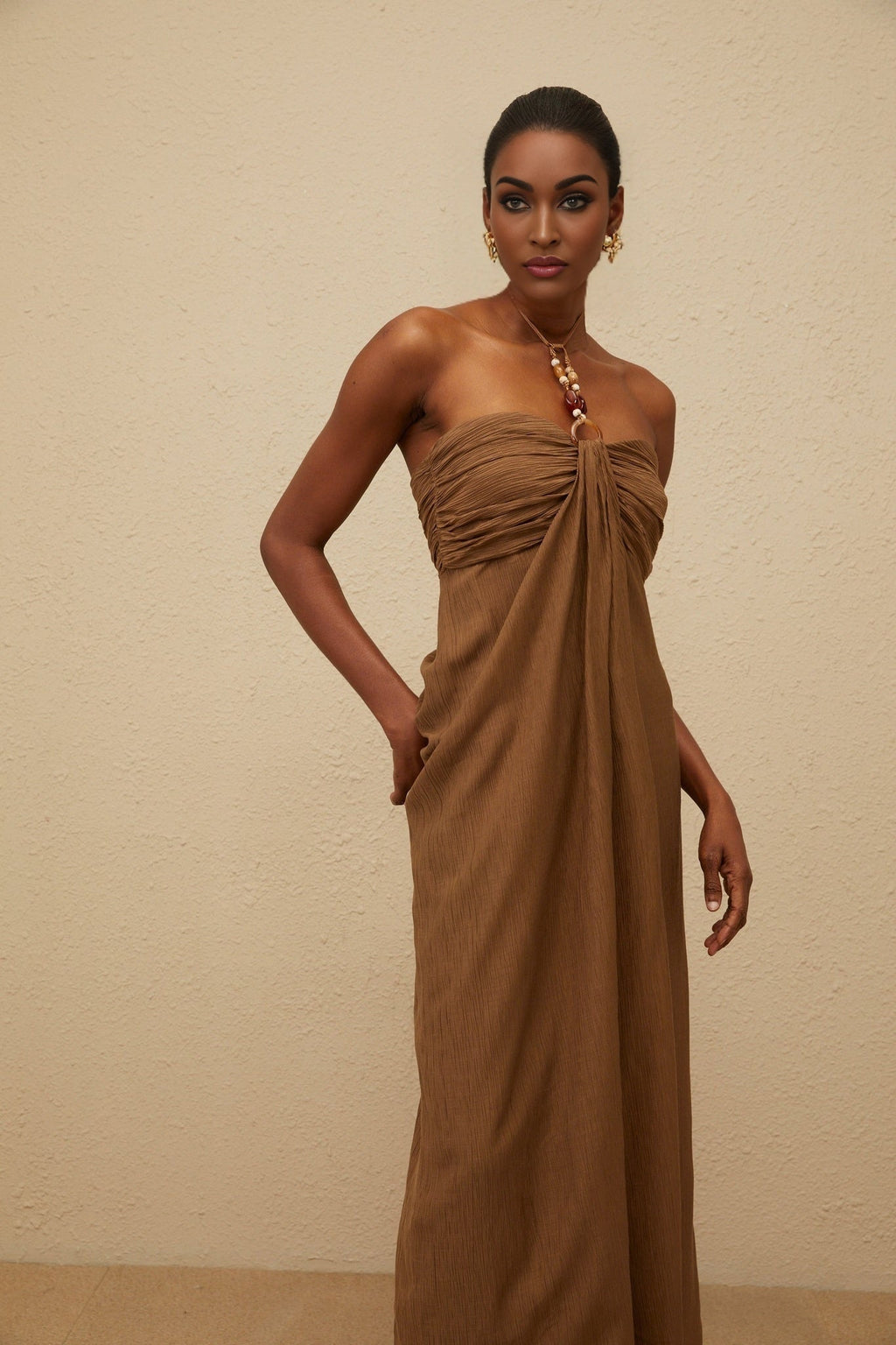 Rory Maxi Dress - halter neck - Open Back - Ruched Detailing - Rear Slit