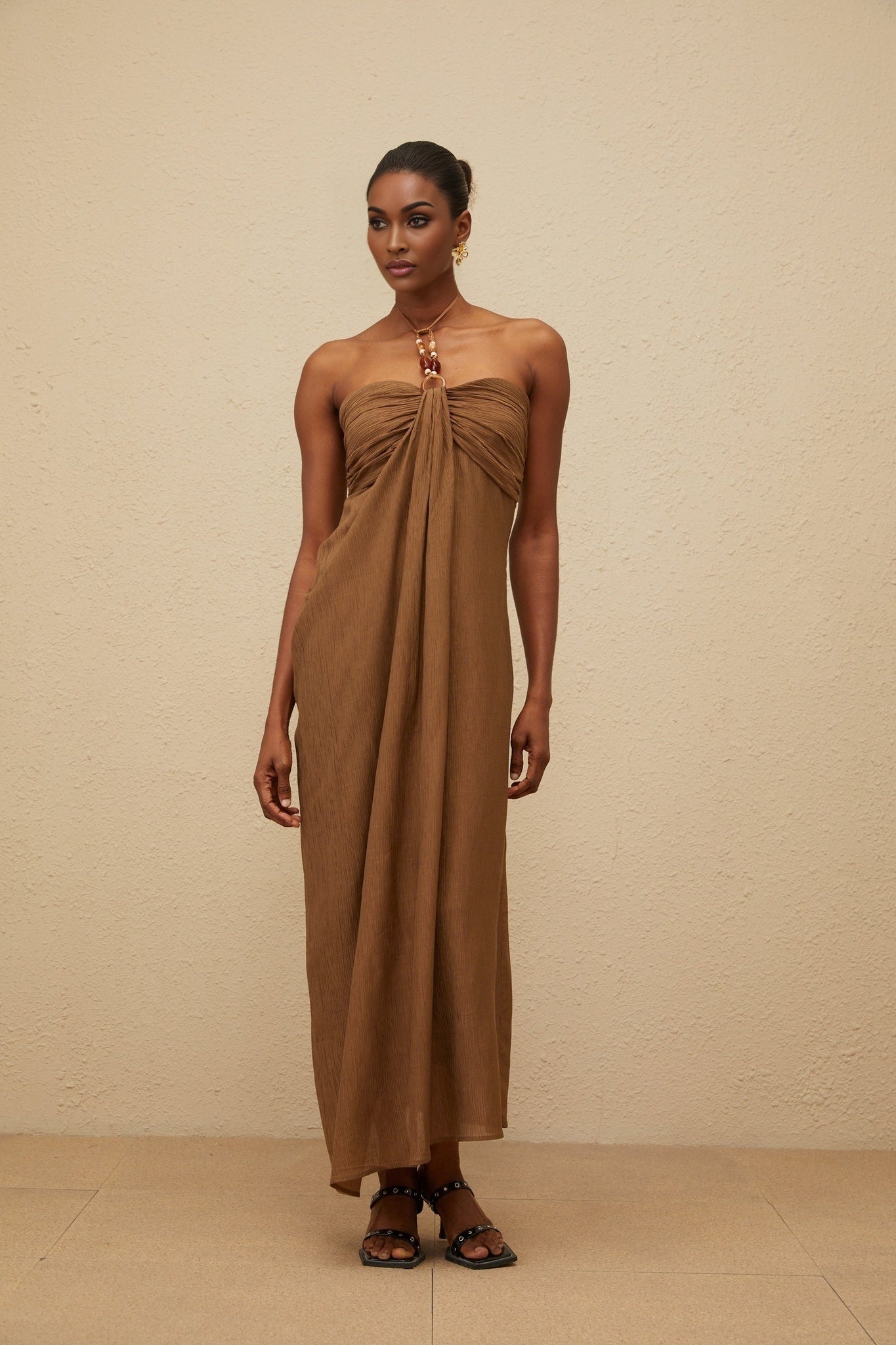 Rory Maxi Dress - halter neck - Open Back - Ruched Detailing - Rear Slit