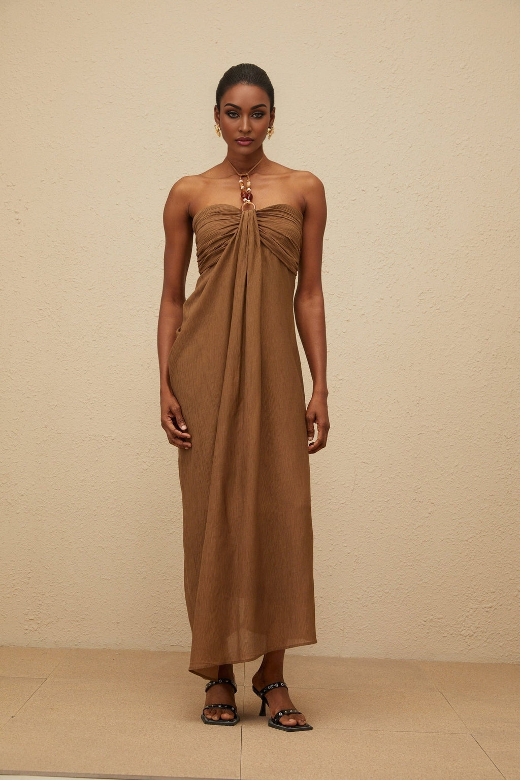 Rory Maxi Dress - halter neck - Open Back - Ruched Detailing - Rear Slit