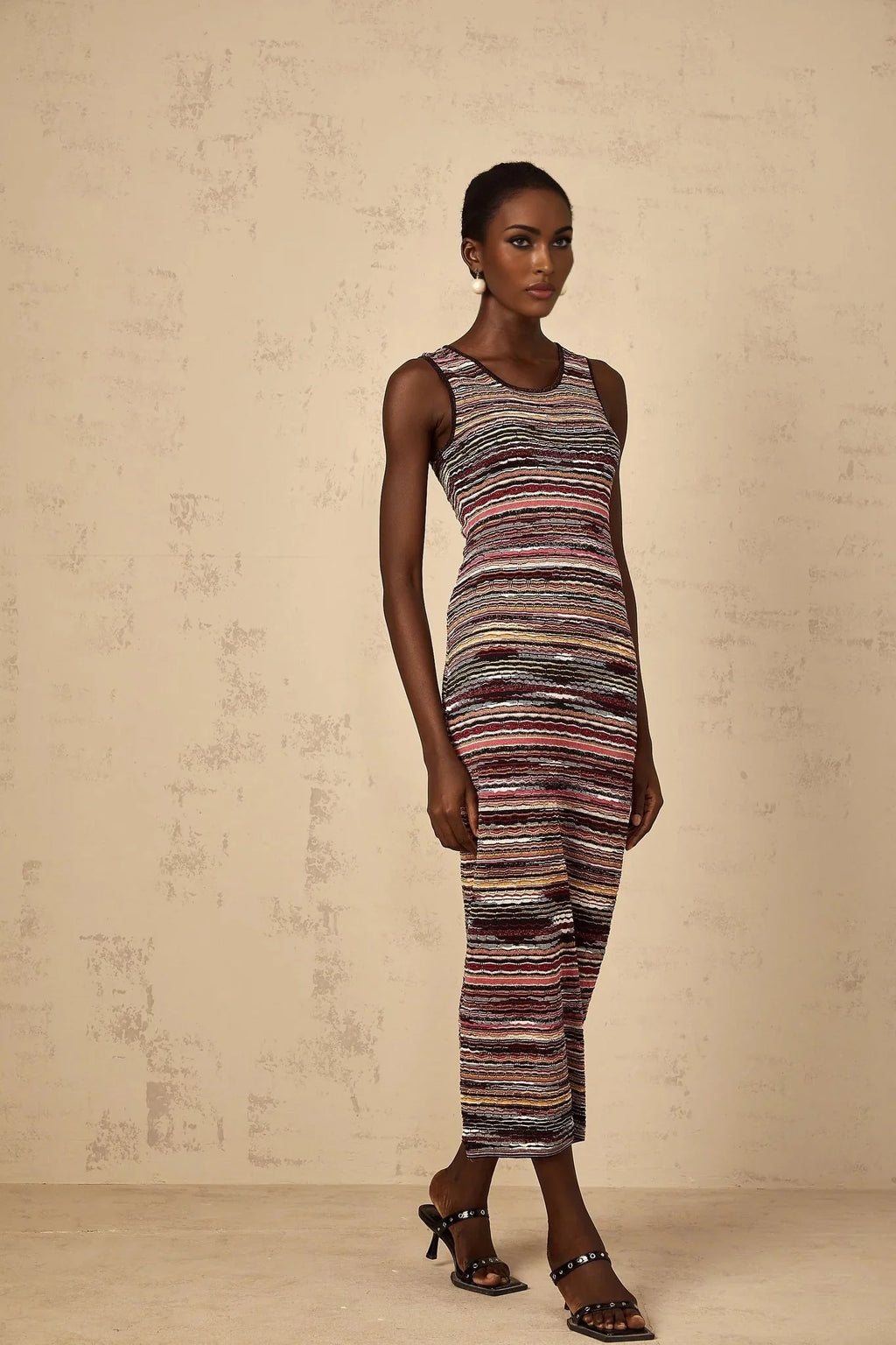 Rory Midi Dress Purple Striped Crochet Knit Sleeveless Straight Hem