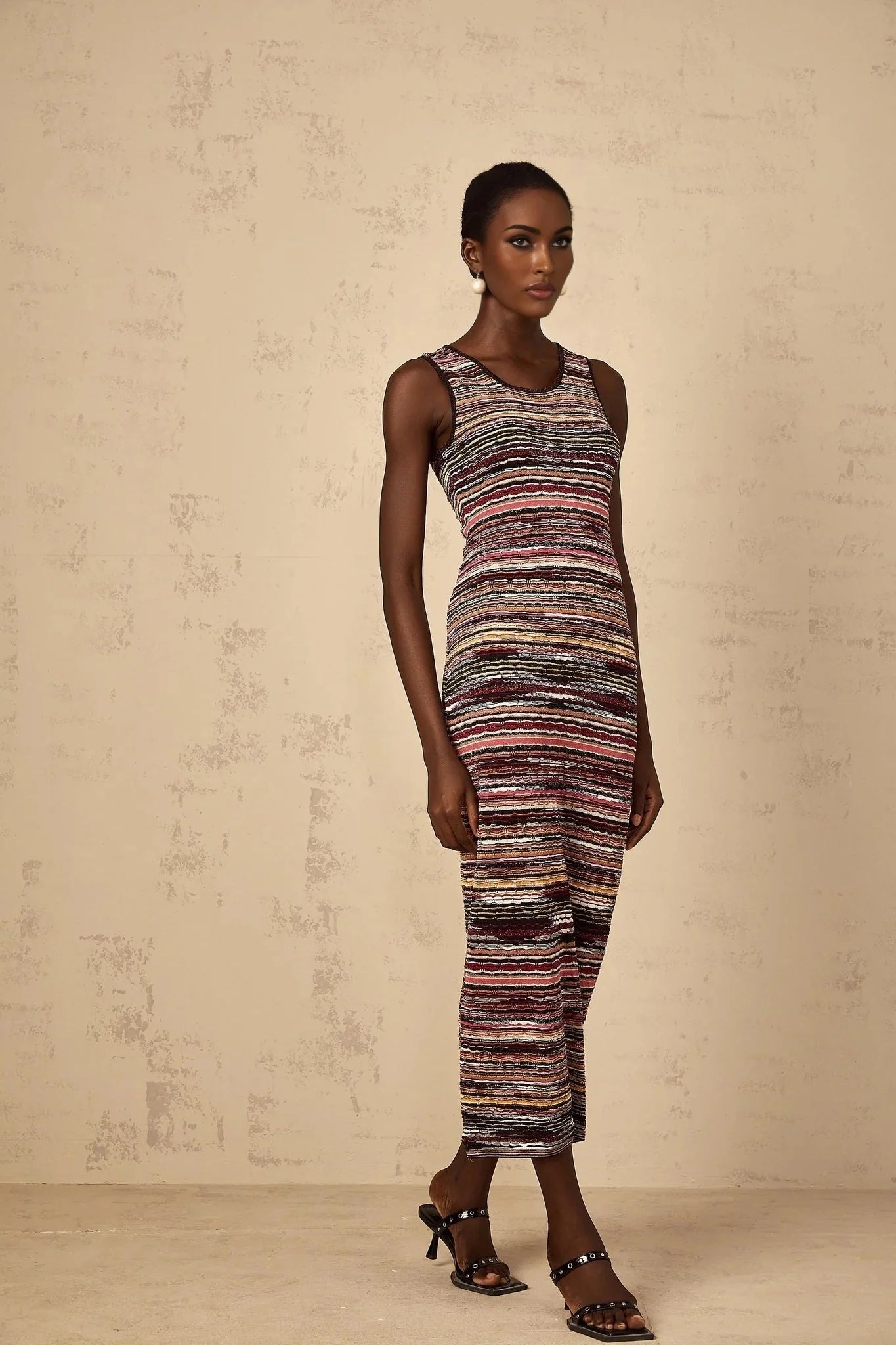 Rory Midi Dress Purple Striped Crochet Knit Sleeveless Straight Hem
