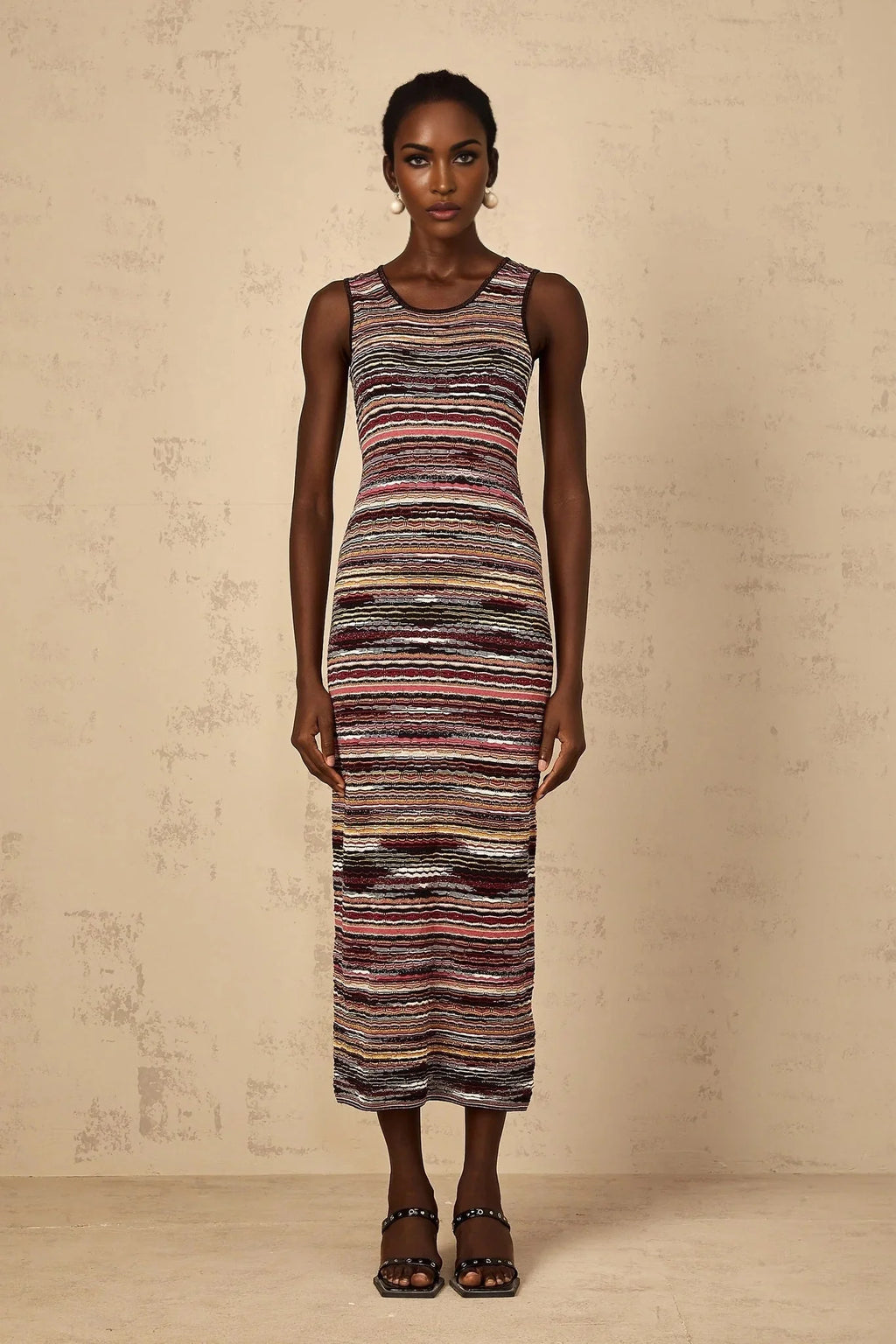 Rory Midi Dress Purple Striped Crochet Knit Sleeveless Straight Hem