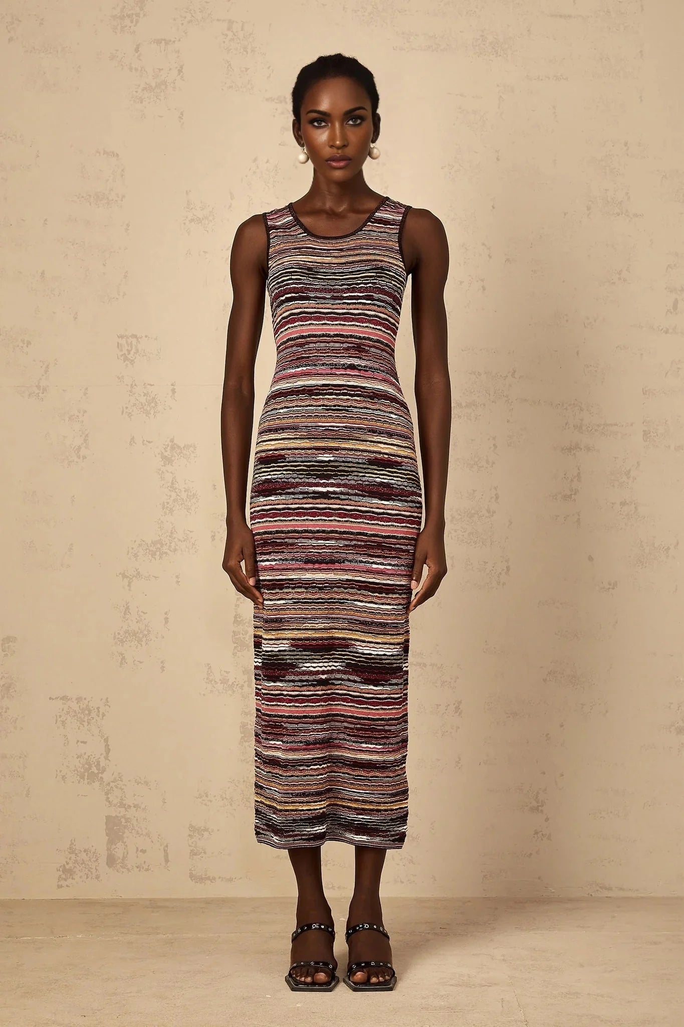 Rory Midi Dress Purple Striped Crochet Knit Sleeveless Straight Hem