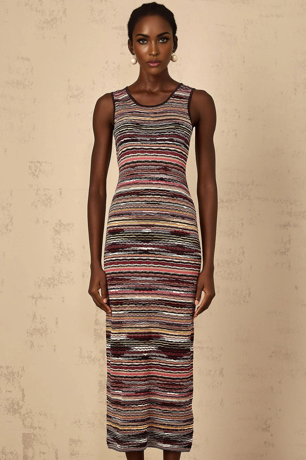 Rory Midi Dress Purple Striped Crochet Knit Sleeveless Straight Hem