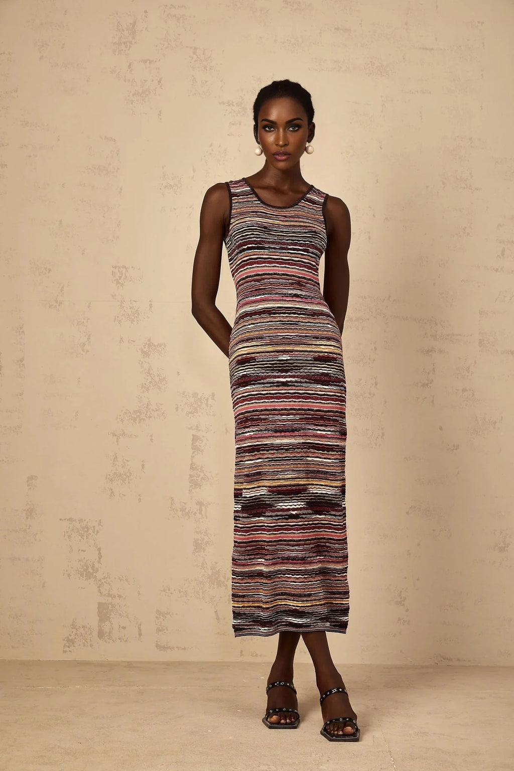Rory Midi Dress Purple Striped Crochet Knit Sleeveless Straight Hem